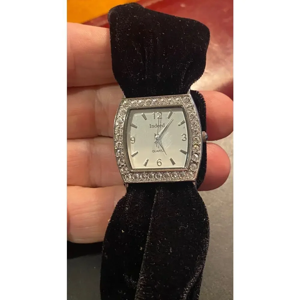 Women's 30mm Silver Tone Indeed Watch, Black Velvet Strap, Crystal Accents